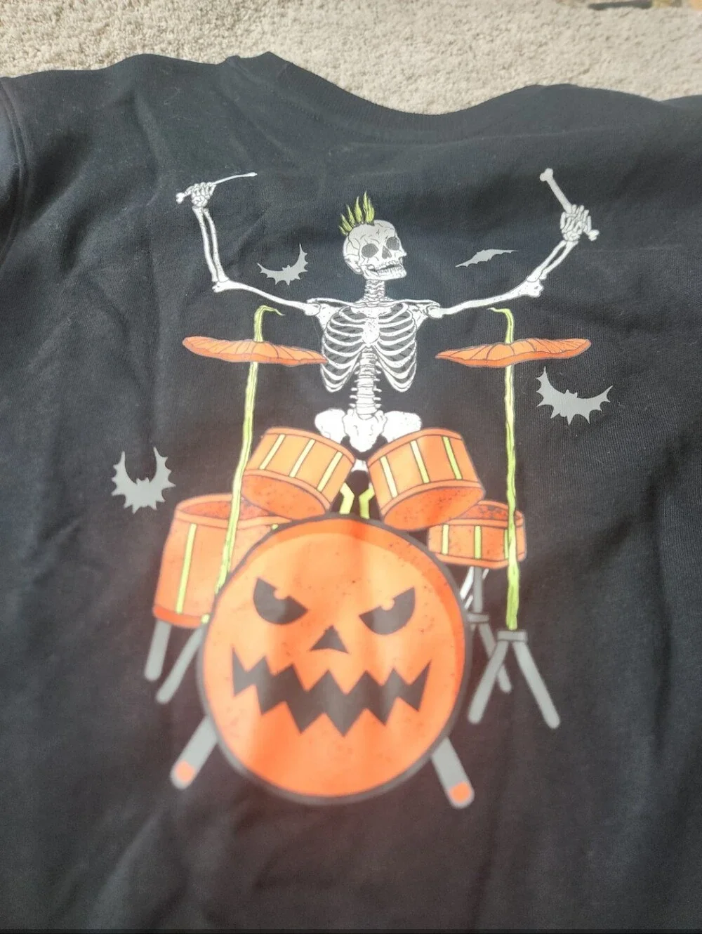 Black Crewneck Sweatshirt with Skeleton Drummer & Guitar Player 